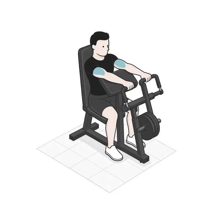 Curl de bíceps en máquina: animación de una repetición, con los músculos implicados resaltados