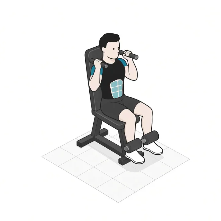 Crunch en máquina: animación de una repetición, con los músculos implicados resaltados