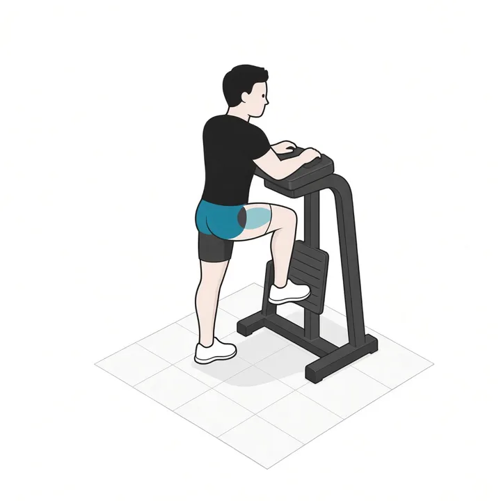 Glute Kickback an der Maschine: Animation einer Wiederholung, beanspruchte Muskeln hervorgehoben