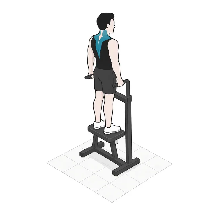 Encogimiento de hombros en máquina: animación de una repetición, con los músculos implicados resaltados