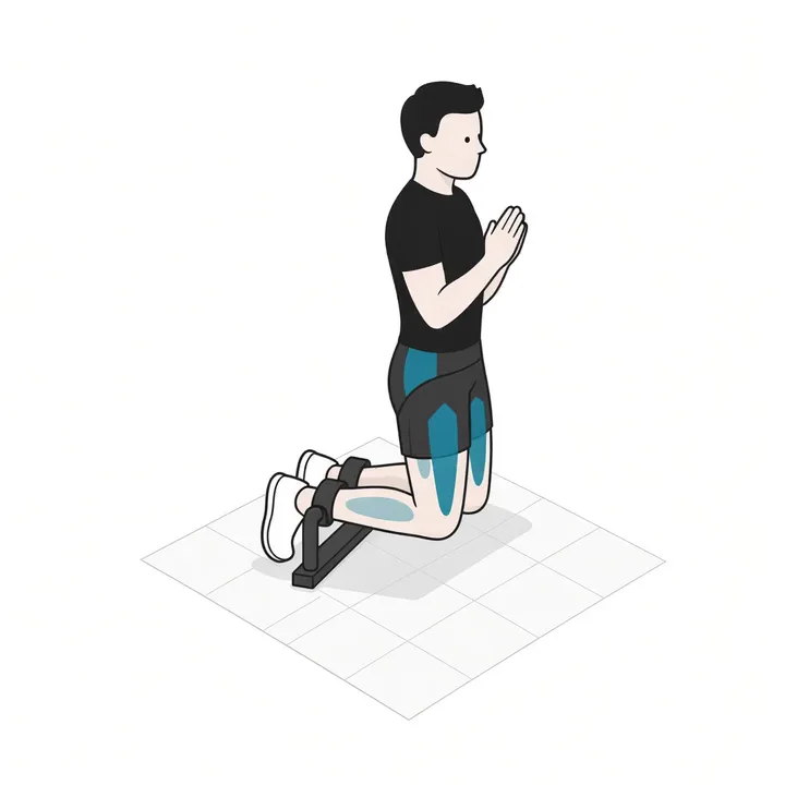 Curl nórdico: animación de una repetición, con los músculos implicados resaltados