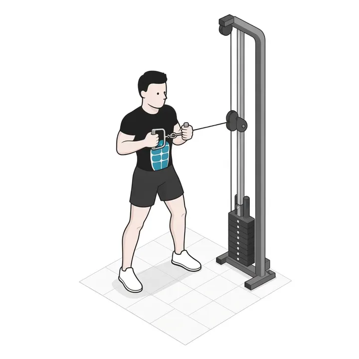 Pallof Press: Animation einer Wiederholung, beanspruchte Muskeln hervorgehoben