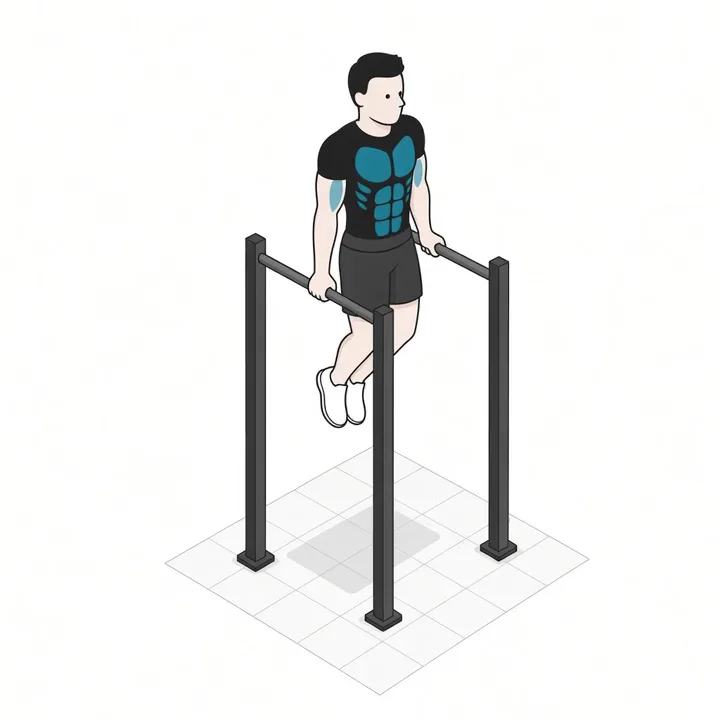 Dips am Barren: Animation einer Wiederholung, beanspruchte Muskeln hervorgehoben