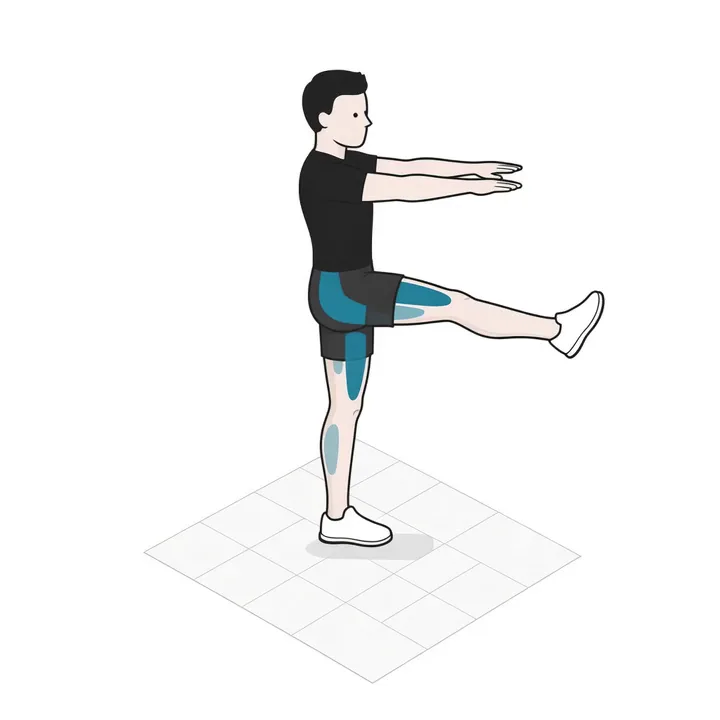 Pistol Squat: Animation einer Wiederholung, beanspruchte Muskeln hervorgehoben