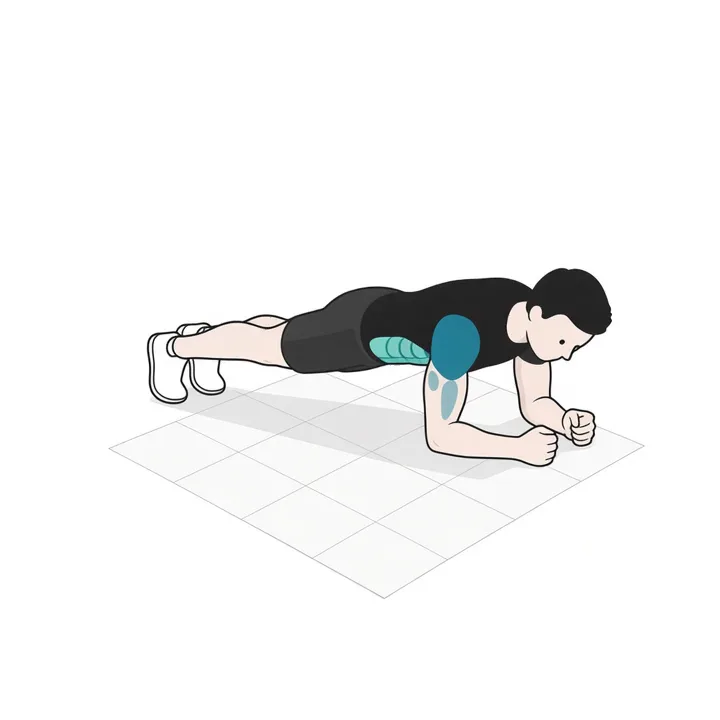 Unterarmstütz (Plank): Animation einer Wiederholung, beanspruchte Muskeln hervorgehoben