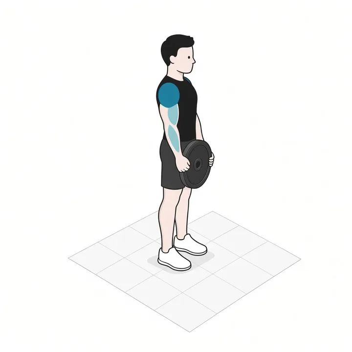 Elevación frontal con disco: animación de una repetición, con los músculos implicados resaltados