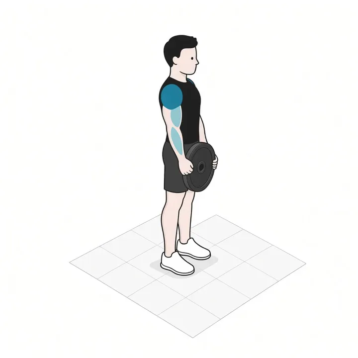Elevación sobre la cabeza con disco: animación de una repetición, con los músculos implicados resaltados