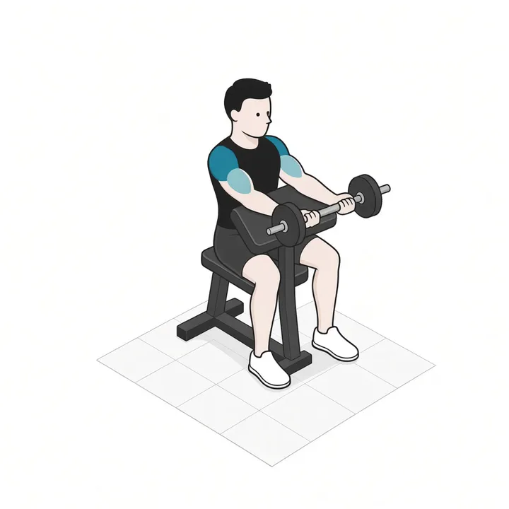 Scott-Curl mit Langhantel: Animation einer Wiederholung, beanspruchte Muskeln hervorgehoben