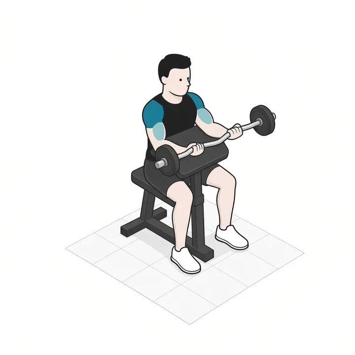 Scott-Curl: Animation einer Wiederholung, beanspruchte Muskeln hervorgehoben