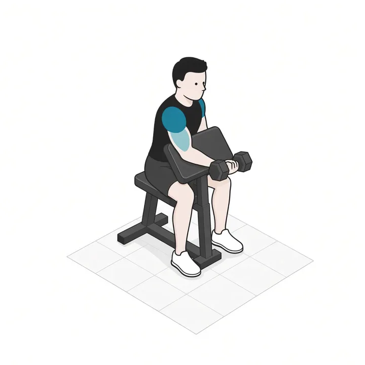 Scott-Curl mit Kurzhantel: Animation einer Wiederholung, beanspruchte Muskeln hervorgehoben