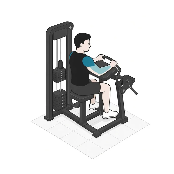 Curl predicador en máquina: animación de una repetición, con los músculos implicados resaltados