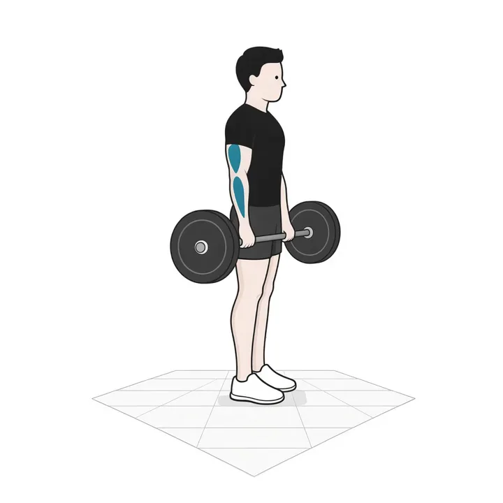 Reverse curl met halterstang: animatie van één herhaling, met de werkende spieren gemarkeerd