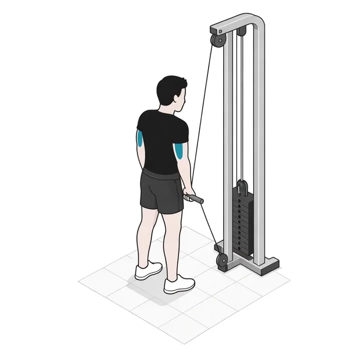 Curl invertido en polea: animación de una repetición, con los músculos implicados resaltados