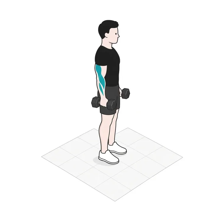 Curl invertido con mancuernas: animación de una repetición, con los músculos implicados resaltados