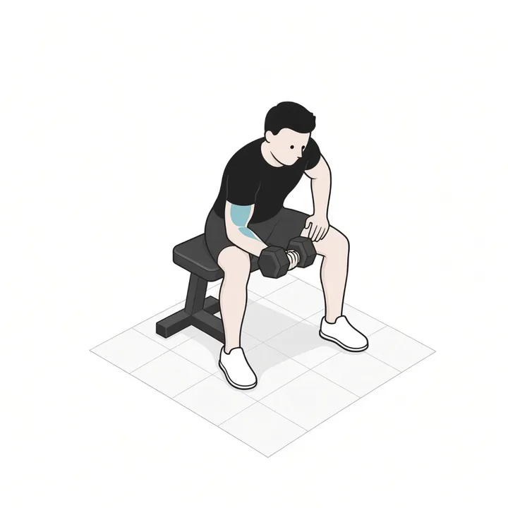 Konzentrationscurl im Obergriff mit Kurzhantel: Animation einer Wiederholung, beanspruchte Muskeln hervorgehoben
