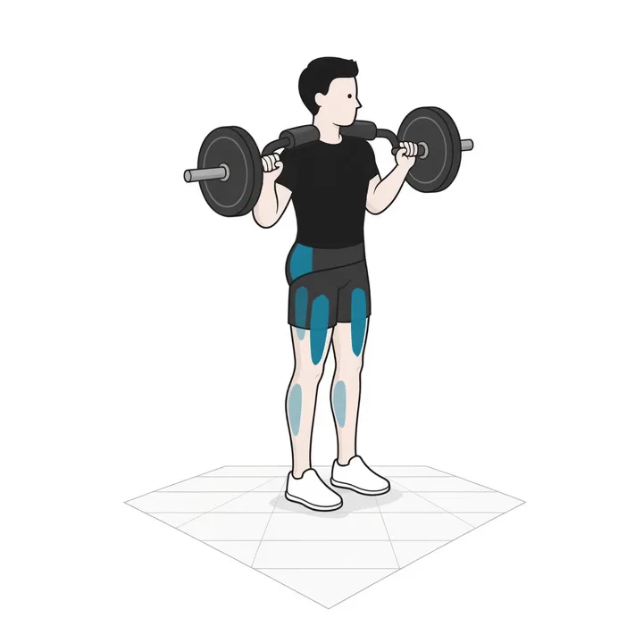 Kniebeuge mit Safety Squat Bar: Animation einer Wiederholung, beanspruchte Muskeln hervorgehoben