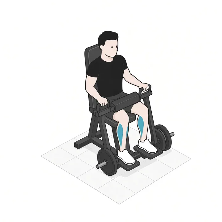Wadenheben sitzend: Animation einer Wiederholung, beanspruchte Muskeln hervorgehoben