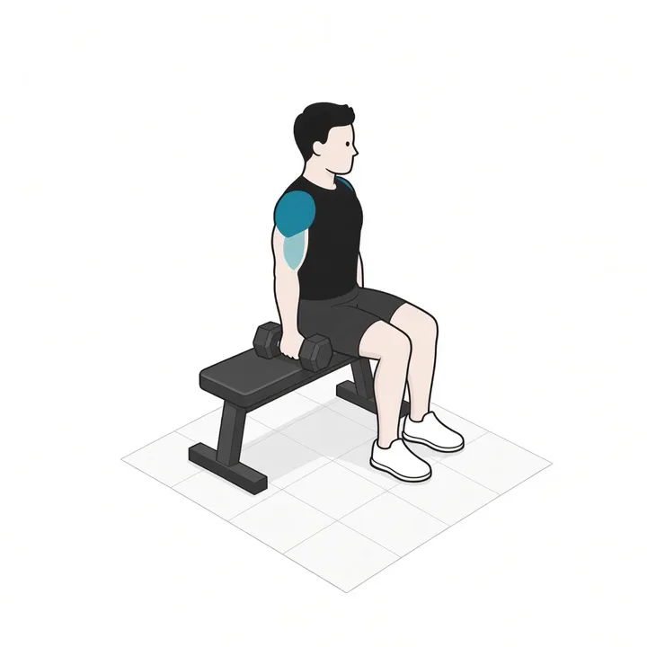 Elevación frontal sentado con mancuernas: animación de una repetición, con los músculos implicados resaltados