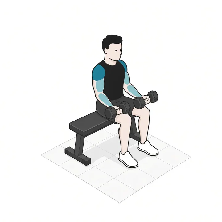 Handgelenk-Curl sitzend mit Kurzhanteln: Animation einer Wiederholung, beanspruchte Muskeln hervorgehoben