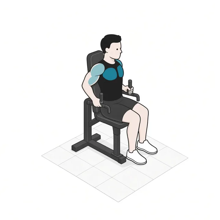 Dips sitzend an der Maschine: Animation einer Wiederholung, beanspruchte Muskeln hervorgehoben