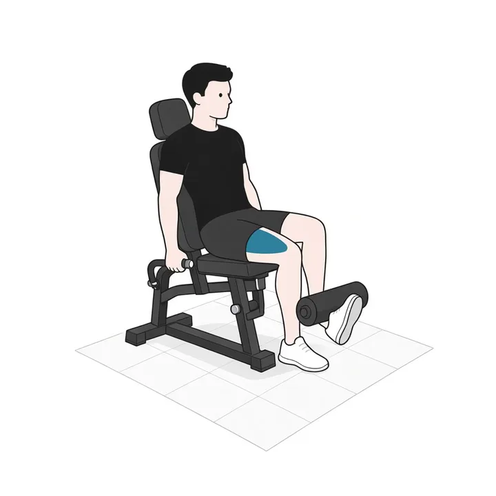 Einbeiniger Beinstrecker: Animation einer Wiederholung, beanspruchte Muskeln hervorgehoben