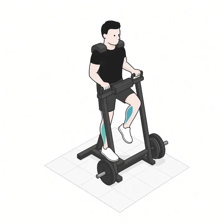 Elevación de gemelo a una pierna en máquina: animación de una repetición, con los músculos implicados resaltados