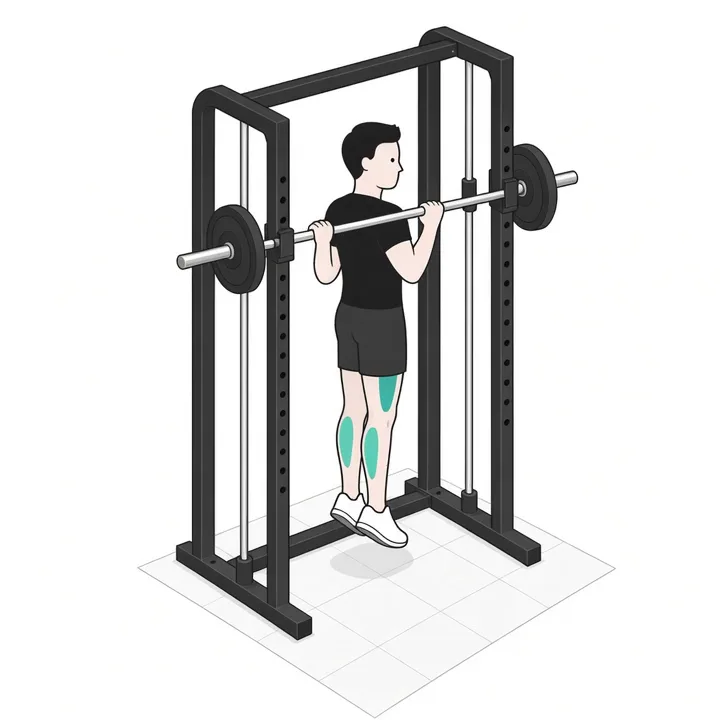 Smith Machine Calf Raise: animation of one repetition, working muscles highlighted