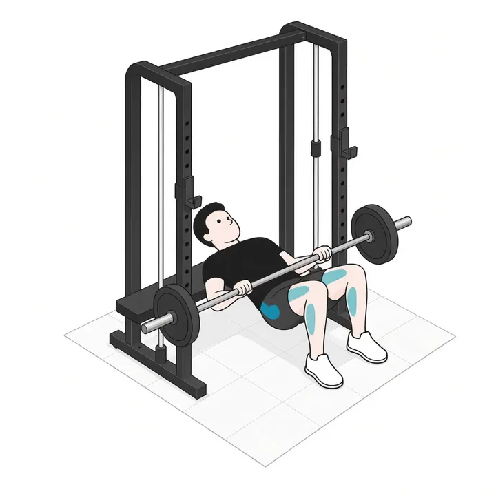 Hip Thrust an der Multipresse: Animation einer Wiederholung, beanspruchte Muskeln hervorgehoben