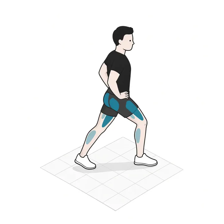 Split squat uden vægt: animation af én gentagelse med de arbejdende muskler fremhævet