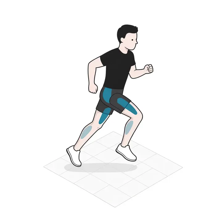 Sprint: Animation einer Wiederholung, beanspruchte Muskeln hervorgehoben