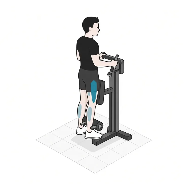 Curl femoral de pie: animación de una repetición, con los músculos implicados resaltados