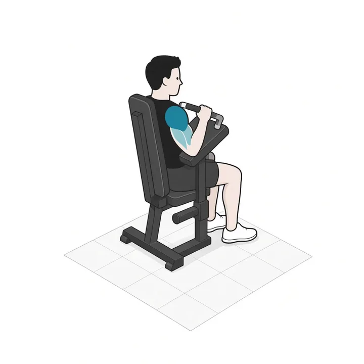 Trizepsmaschine: Animation einer Wiederholung, beanspruchte Muskeln hervorgehoben