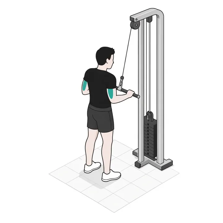 Extensión de tríceps en polea: animación de una repetición, con los músculos implicados resaltados