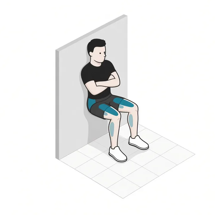 Wandsitzen: Animation einer Wiederholung, beanspruchte Muskeln hervorgehoben