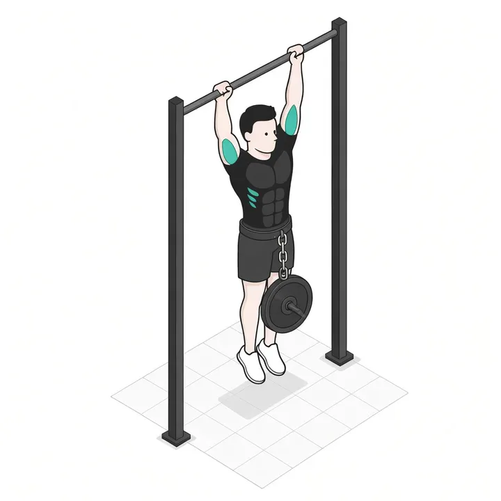 Chin-up mit Zusatzgewicht: Animation einer Wiederholung, beanspruchte Muskeln hervorgehoben