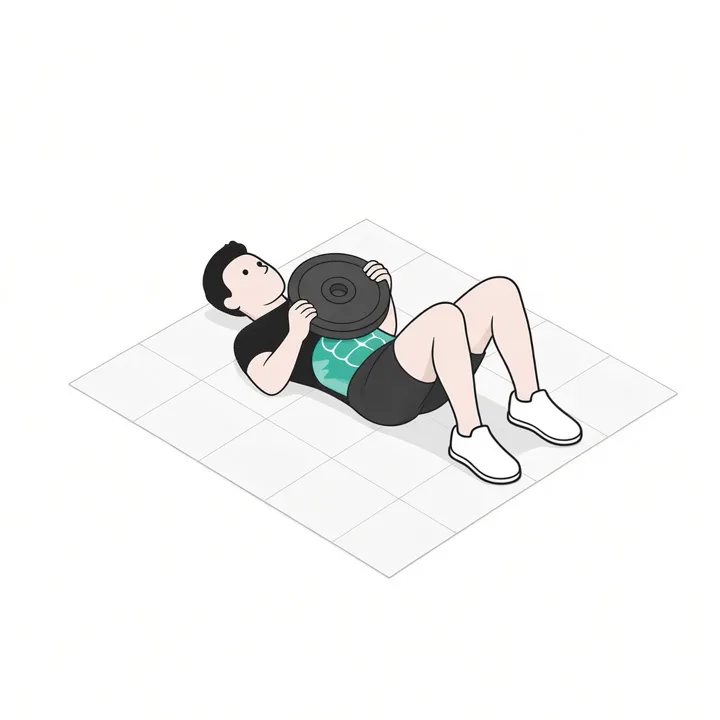 Sit-up mit Gewicht: Animation einer Wiederholung, beanspruchte Muskeln hervorgehoben
